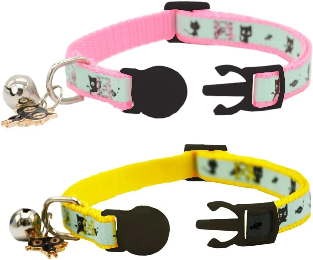2 Pack Glow in The Dark Cat Collar with Bell Breakaway Safety Cat Puppy Collars with Pendant Yellow and Pink