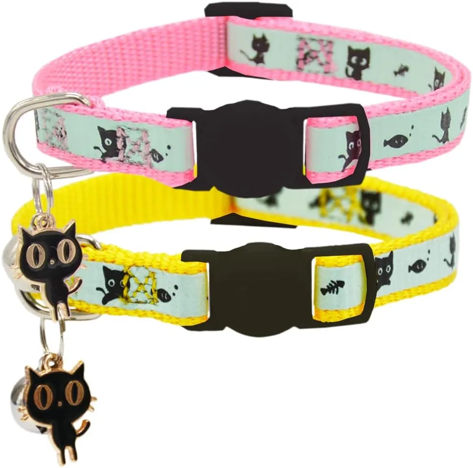 2 Pack Glow in The Dark Cat Collar with Bell Breakaway Safety Cat Puppy Collars with Pendant Yellow and Pink