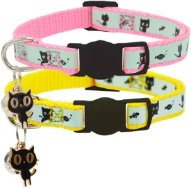 2 Pack Glow in The Dark Cat Collar with Bell Breakaway Safety Cat Puppy Collars with Pendant Yellow and Pink