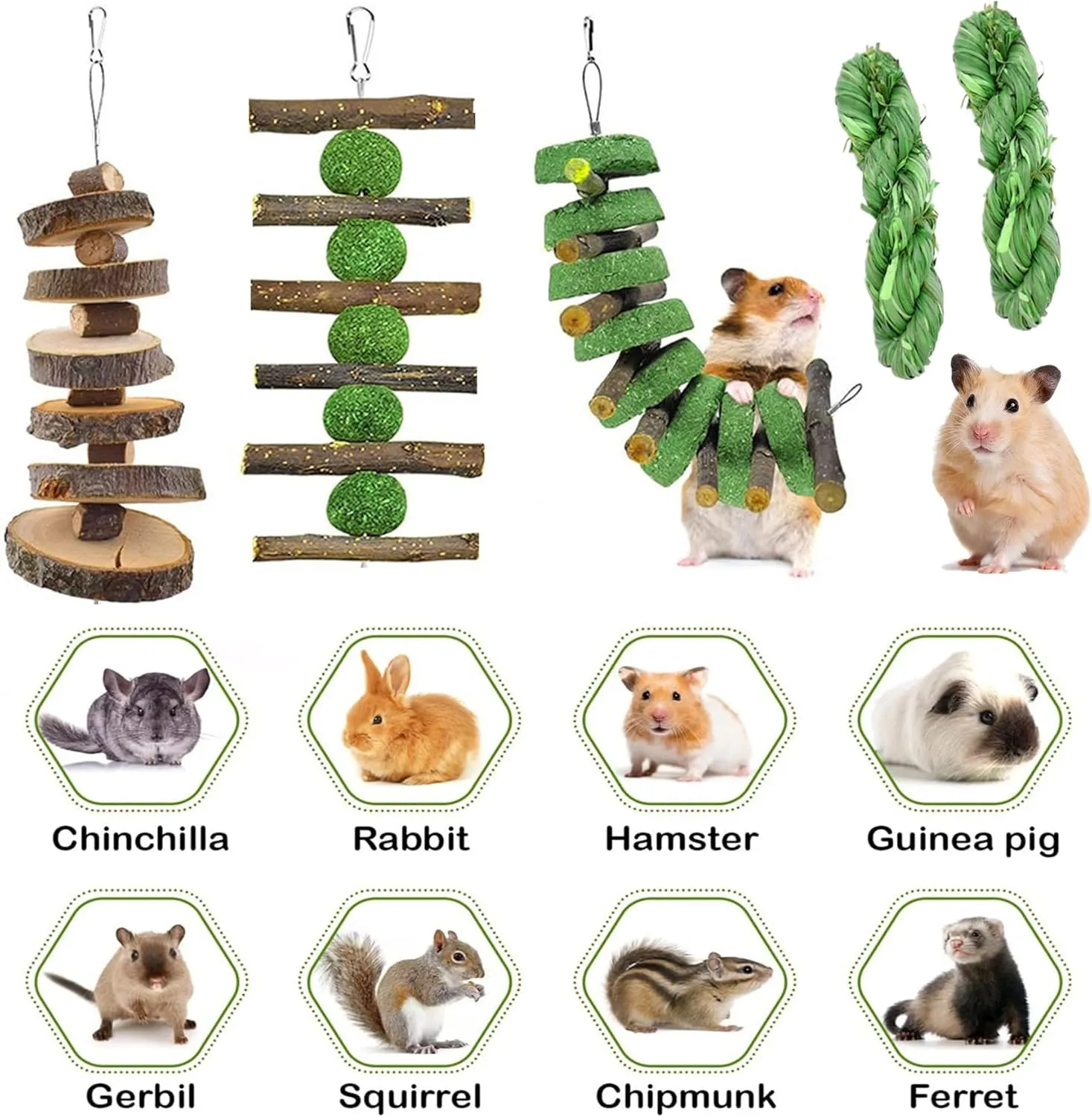 5pcs Rabbit Toys,Bunny Chew Treat for Teeth Grinding,Hanging Timothy Hay Ball  Apple Stick Wood  Alfalfa Grass Cake Food Snack for Cage Guinea Pig Chinchilla Hamster Squirrel Gerbil Rat Parrot