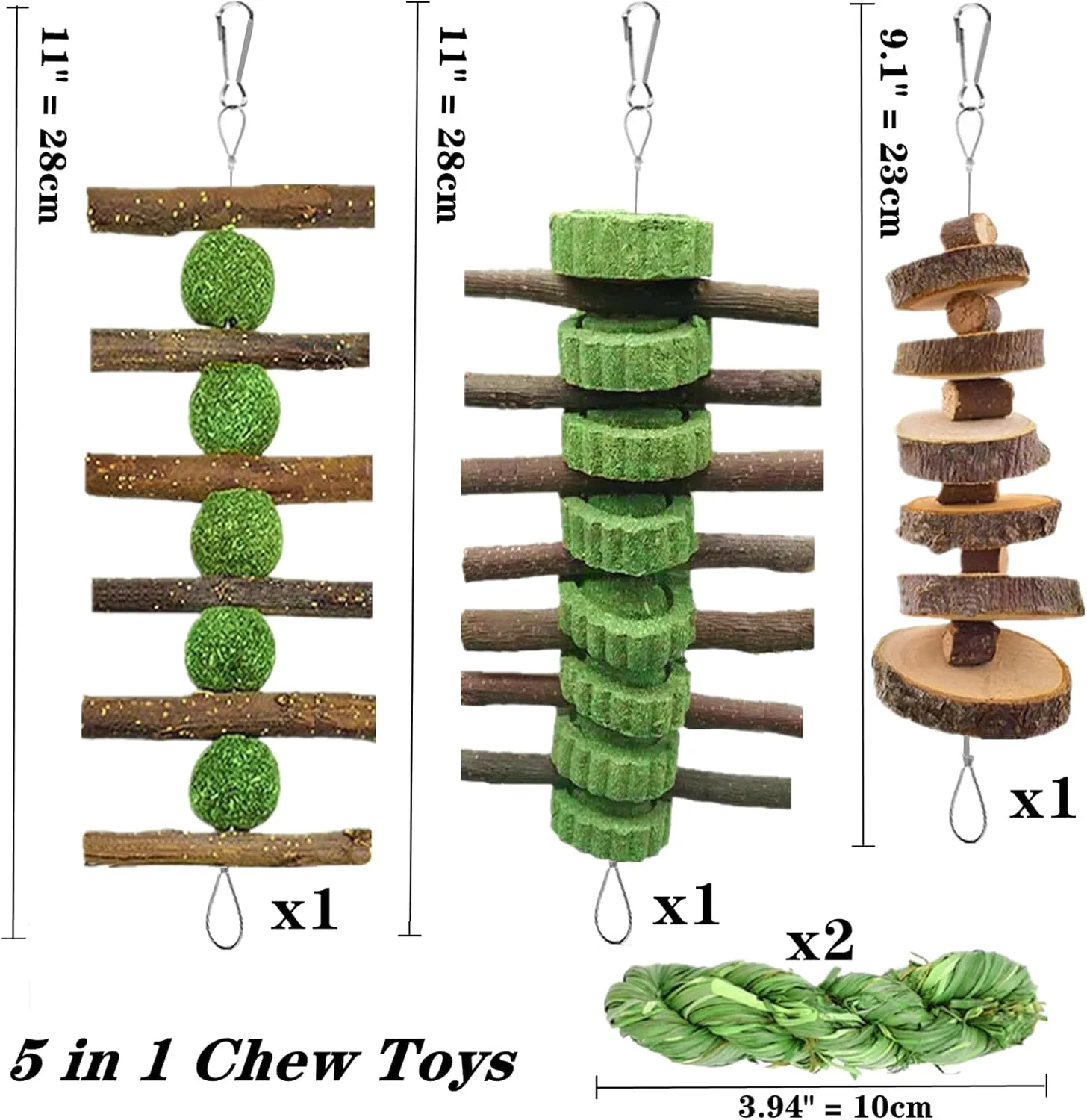 5pcs Rabbit Toys,Bunny Chew Treat for Teeth Grinding,Hanging Timothy Hay Ball  Apple Stick Wood  Alfalfa Grass Cake Food Snack for Cage Guinea Pig Chinchilla Hamster Squirrel Gerbil Rat Parrot