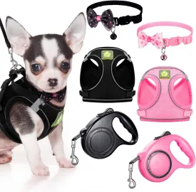 6 Pcs Small Dog Harness with Retractable Leash and Bowknot Pet Collar Set Soft Mesh Padded Vest Harness 10 FT Pet Walking Leash with Anti Slip Handle Adjustable Puppy Collar for Small Dog Cat