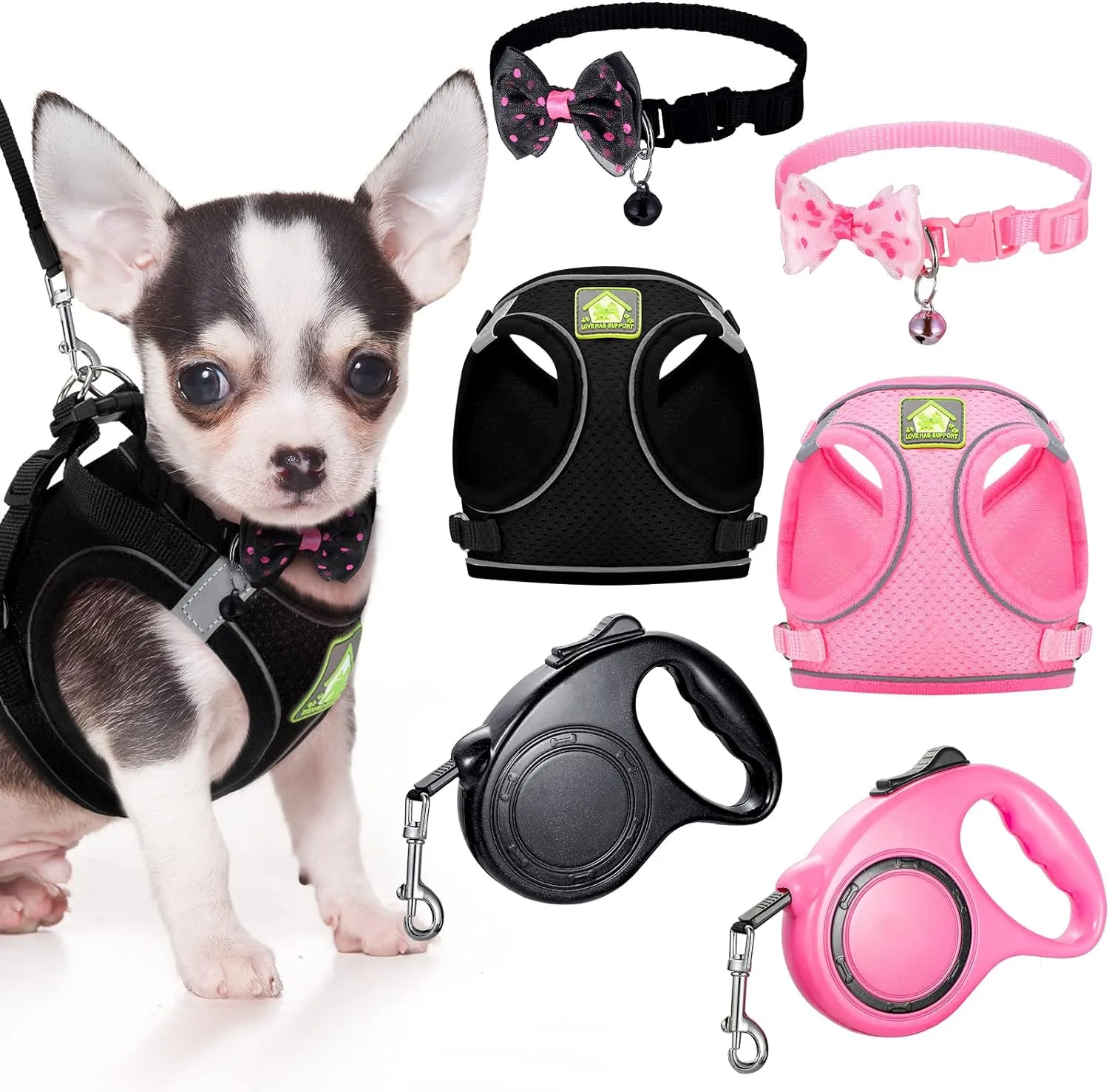 6 Pcs Small Dog Harness with Retractable Leash and Bowknot Pet Collar Set Soft Mesh Padded Vest Harness 10 FT Pet Walking Leash with Anti Slip Handle Adjustable Puppy Collar for Small Dog Cat