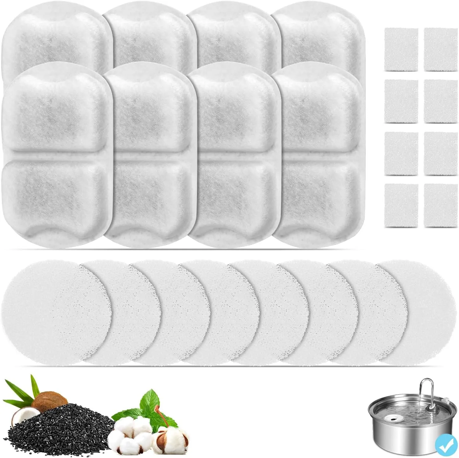 8 Set Dog Water Fountain Filters Replacement for 7L/230oz/1.8G Stainless Steel Dog Fountain, YOIHABV Cat Water Fountain Filters, Triple Action Pet Fountain Filters, Replacement Filters and Sponges