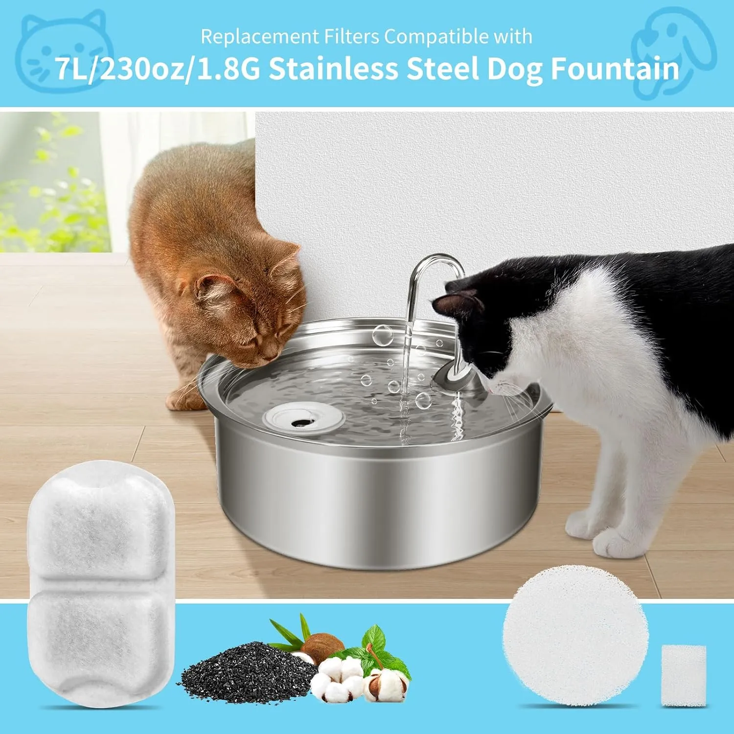 8 Set Dog Water Fountain Filters Replacement for 7L/230oz/1.8G Stainless Steel Dog Fountain, YOIHABV Cat Water Fountain Filters, Triple Action Pet Fountain Filters, Replacement Filters and Sponges