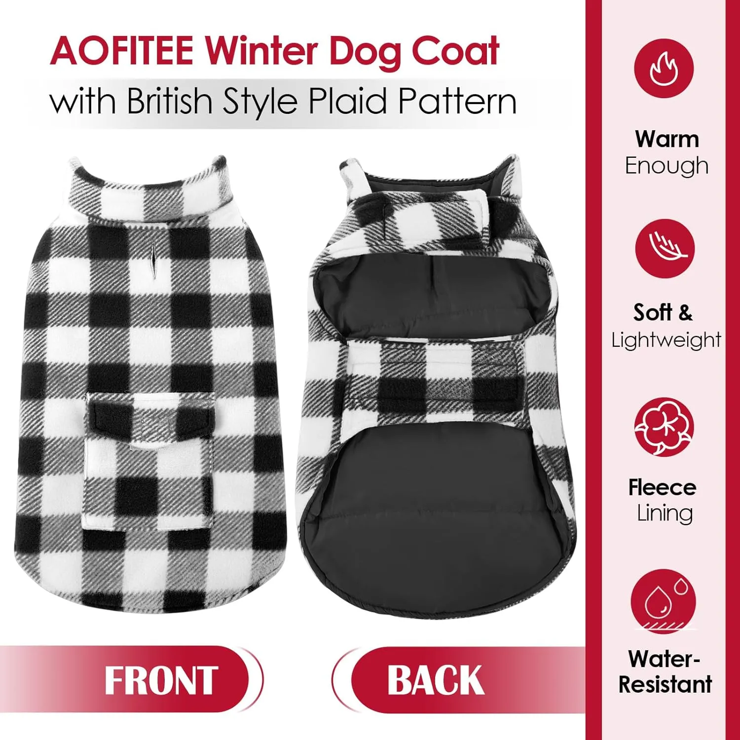 AOFITEE Dog Coat Plaid Dog Winter Coat for Large Dogs, Warm Dogs Jacket Christmas Sweater, Waterproof Pet Puffer Jacket, Reversible Pet Cold Weather Coats for Small Medium Large Pets, Black XXXL