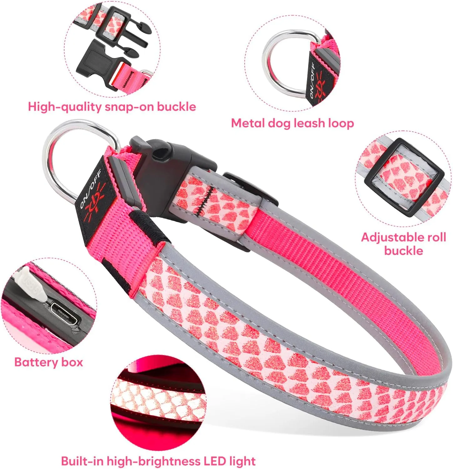 BiPawTi LED Dog Collar - Rechargeable, 3 Light Modes, Glow in The Dark for Night Walking, Large Dogs (Pink, L)