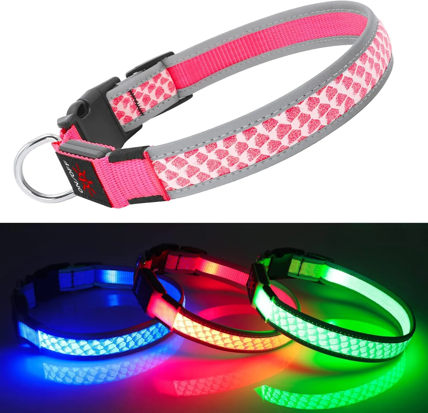 BiPawTi LED Dog Collar - Rechargeable, 3 Light Modes, Glow in The Dark for Night Walking, Large Dogs (Pink, L)