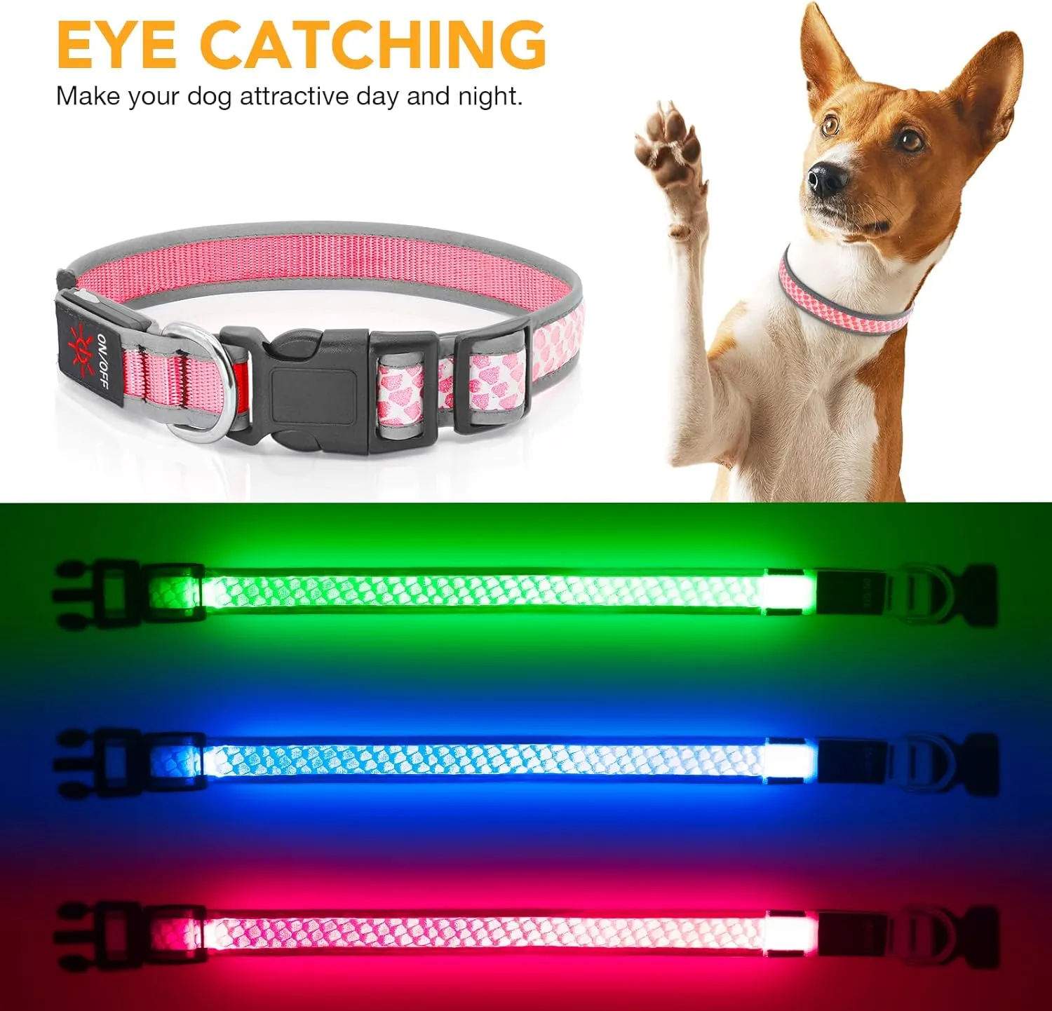 BiPawTi LED Dog Collar - Rechargeable, 3 Light Modes, Glow in The Dark for Night Walking, Large Dogs (Pink, L)