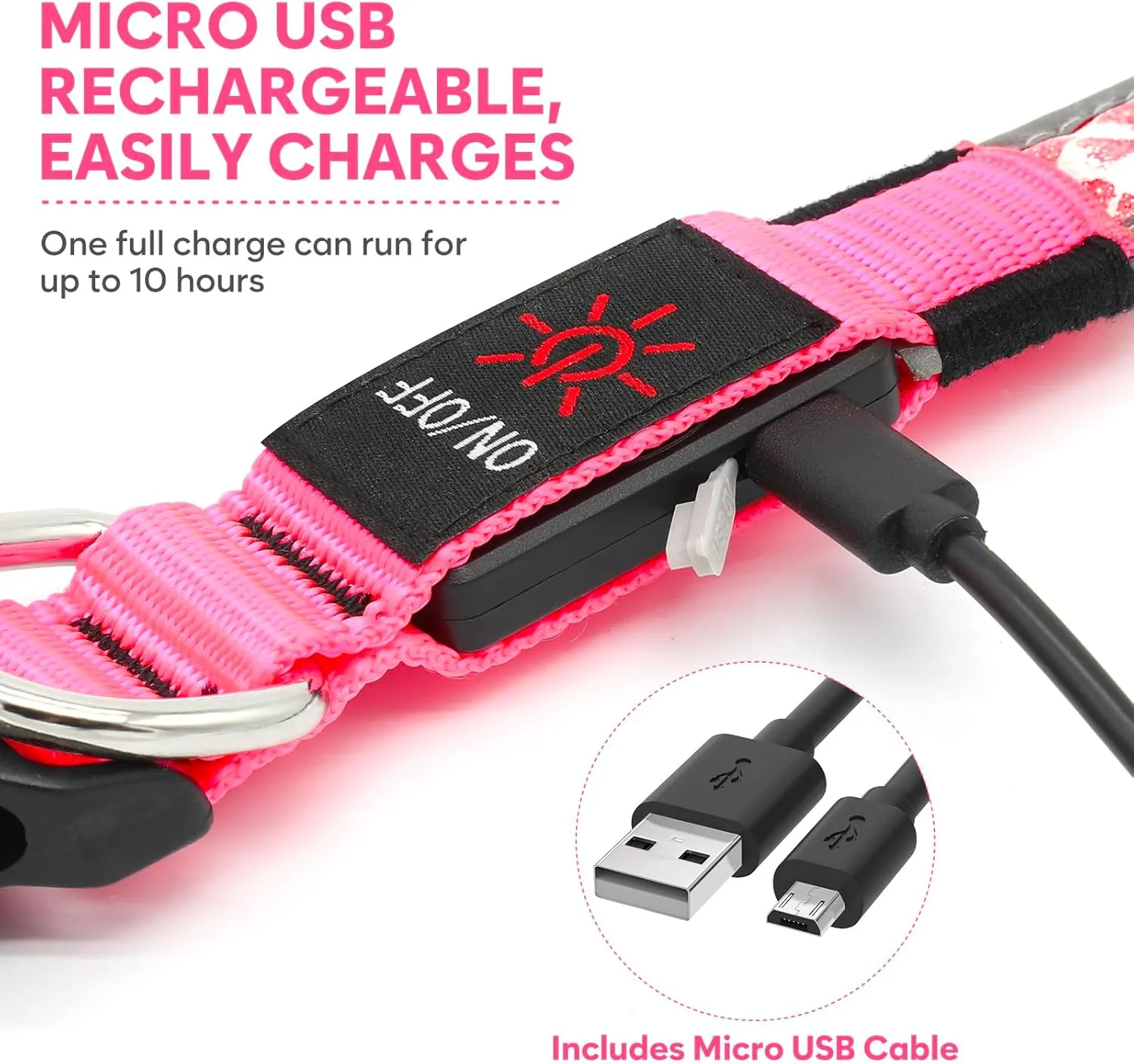 BiPawTi LED Dog Collar - Rechargeable, 3 Light Modes, Glow in The Dark for Night Walking, Large Dogs (Pink, L)