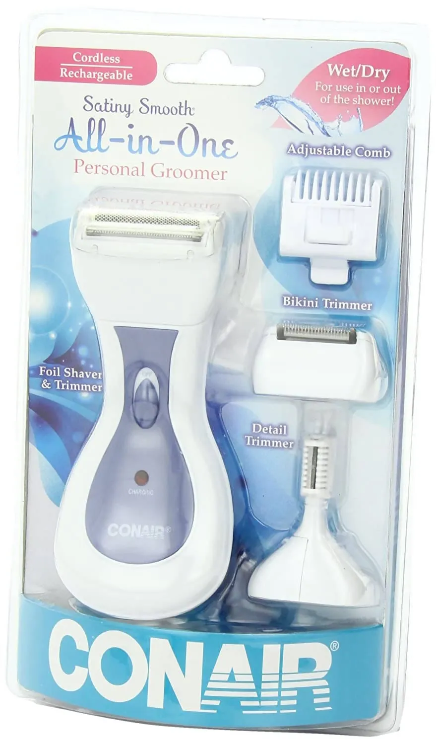Conair Satiny Smooth All-in-One Ladies' Personal Groomer shaves legs and underarms, trim the bikini area, and even touch up eyebrows - LTGS40RCS