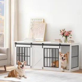 Dog Crate Furniture for 2 Dogs, 63" Heavy Duty Dog Kennel with Sliding Barn Door, Wooden Double Dog Crate with Divider for Small Medium Dogs, Indoor Dog Cage TV Stand, White DCHW16001N1