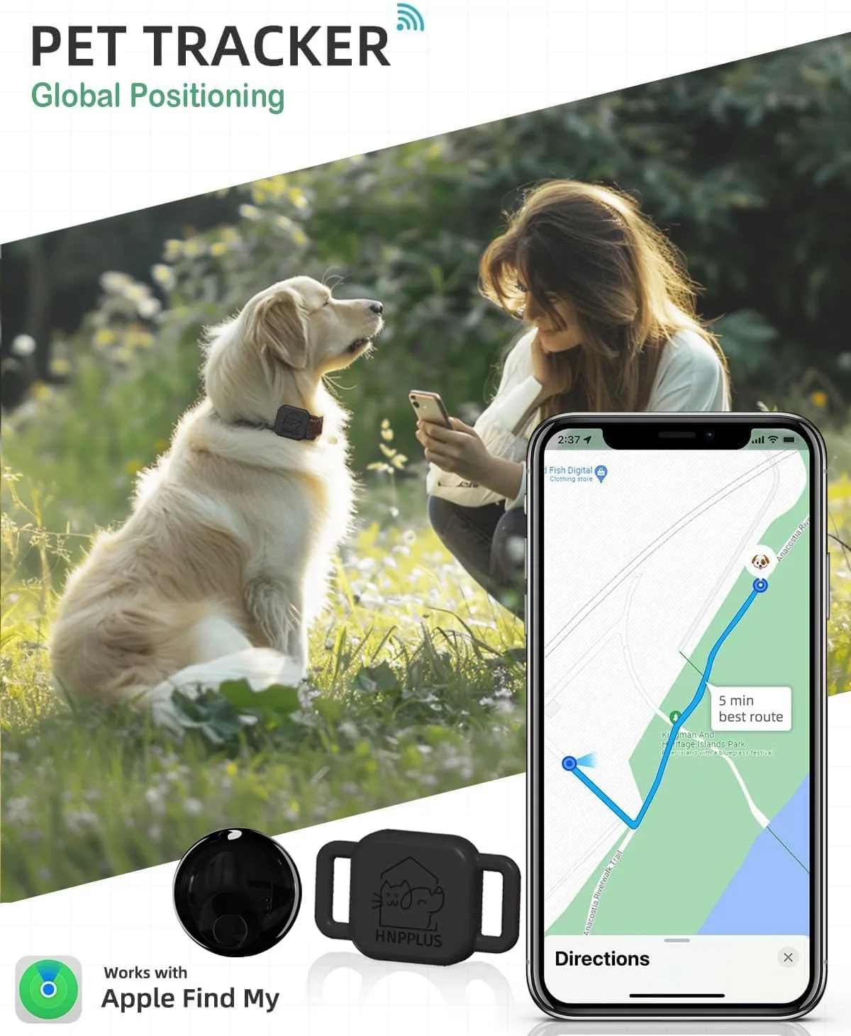 Dog Tracker Smart Pet Location Tracker with Collar Holder, Personalized Smart Item Finder, MFi Certificated Dog Tracking Device, No Monthly Fee, Works with Find My (iOS Only) (1 Pack)