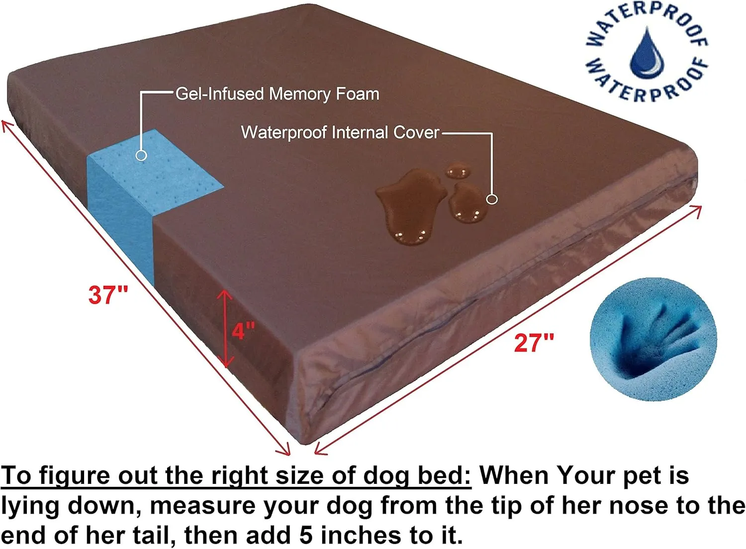 Dogbed4less Orthopedic Gel Memory Foam Pet Dog Bed, Waterproof Liner with Microsuede Cover and Extra External Case (Microsuede in Espresso, 37X27X4 Inches Medium Large)