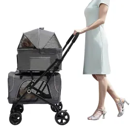 Double Pet Stroller for Cats/Dogs, 2 Tiers Pet Stroller for Medium Dogs 20 Lbs with Each Tier Load-Bearing Capacity 33.07Lbs, Foldable Pet Stroller Dog Cat Cart with Detachable Basket for Walk Travel