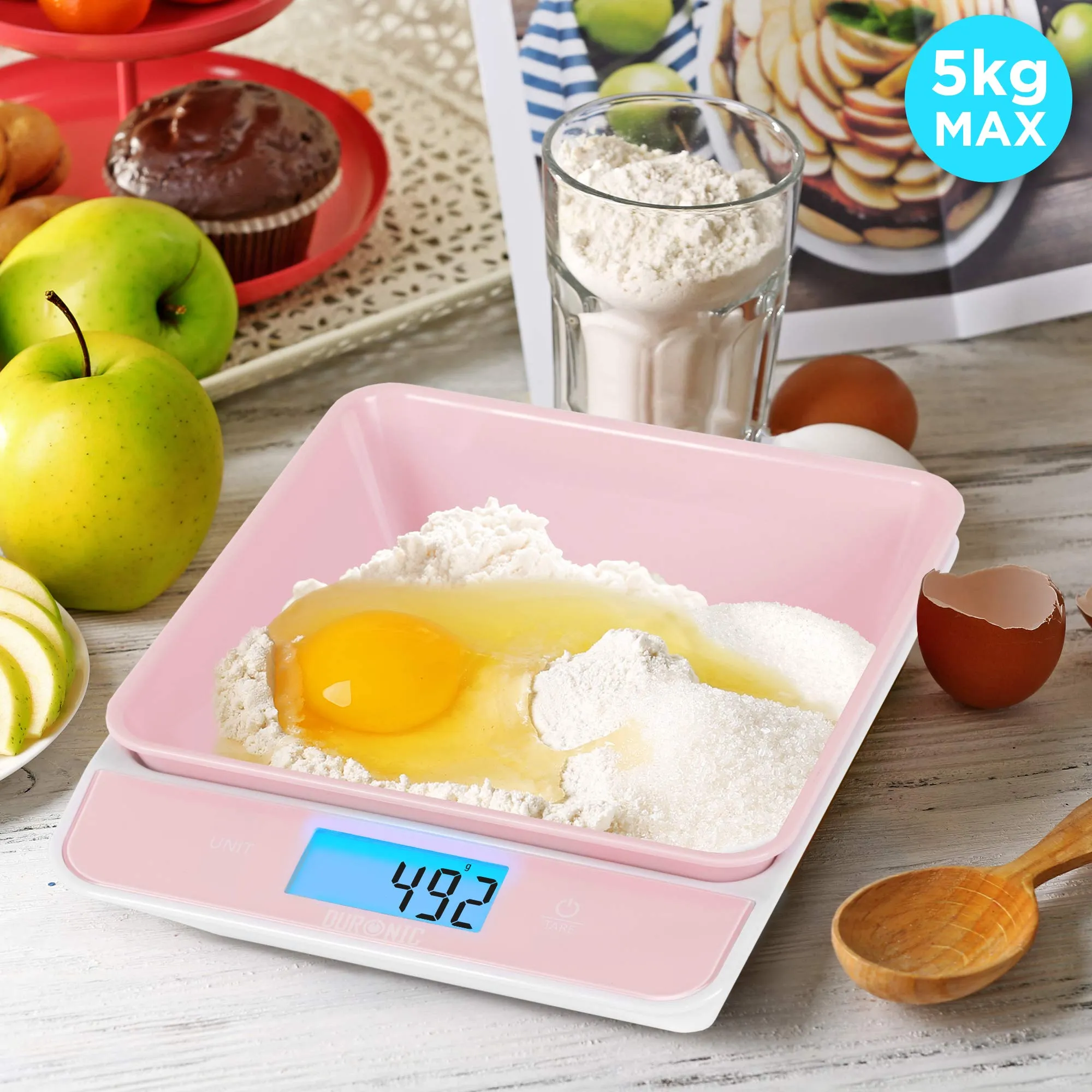Duronic Digital Kitchen Scales KS100 PK Electronic Kitchen Scale with Bowl Measuring Weighing Scale Pink Baking Scale for Cooking Baking Mail Pet Food Measurement Baker Weight Scale, Tare LCD Display