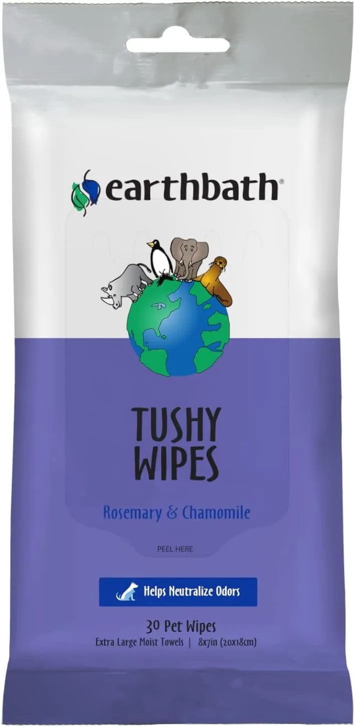 earthbath, Rosemary & Chamomile Tushy Wipes - Dog Wipes for Paws and Butt, Pet Wipes for Dogs & Cats, Made in USA, Cruelty-Free Dog Cleaning Wipes, Helps Neutralize Odors - 30 Count (1 Pack)