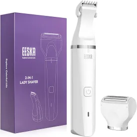 EESKA Bikini Trimmer for Women, 2-in-1 Rechargeable Womens Electric Shaver Pubic Hair Trimmer for Legs Arm and Bikini Hair, Painless Hair Removal Groomer Kit, IPX7 Waterproof Wet and Dry Use, White