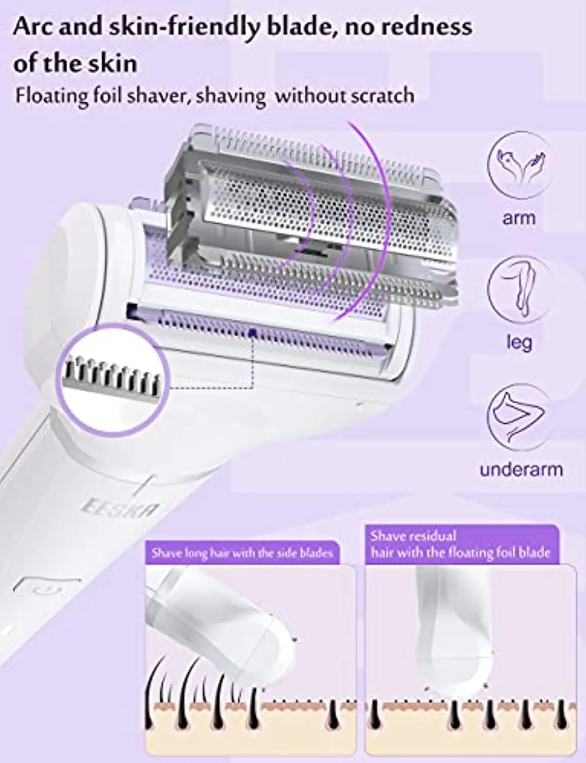 EESKA Bikini Trimmer for Women, 2-in-1 Rechargeable Womens Electric Shaver Pubic Hair Trimmer for Legs Arm and Bikini Hair, Painless Hair Removal Groomer Kit, IPX7 Waterproof Wet and Dry Use, White