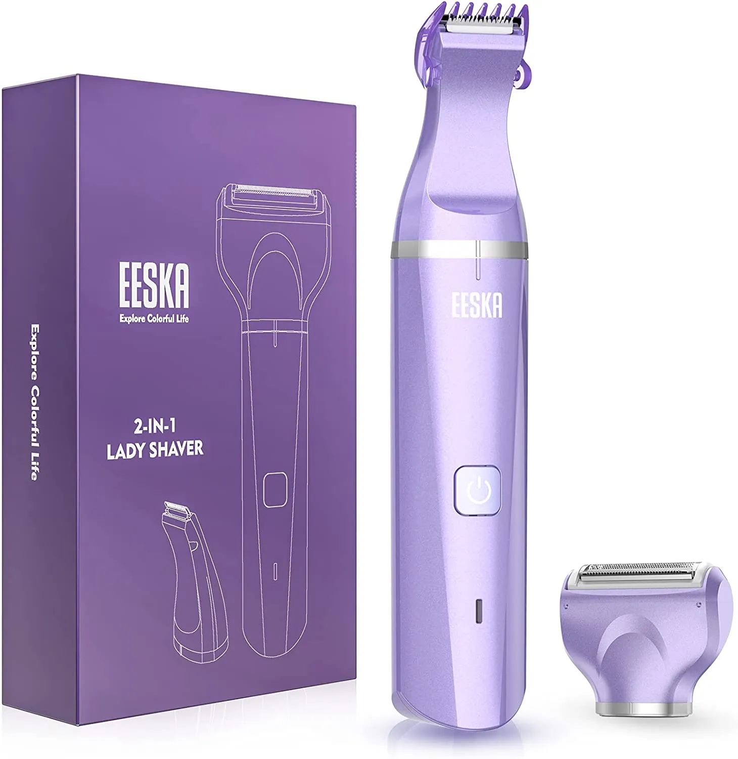EESKA Bikini Trimmer for Women, 2-in-1 Rechargeable Womens Electric Shaver Pubic Hair Trimmer for Legs Arm and Bikini Hair, Painless Hair Removal Groomer Kit, IPX7 Waterproof Wet and Dry Use, White