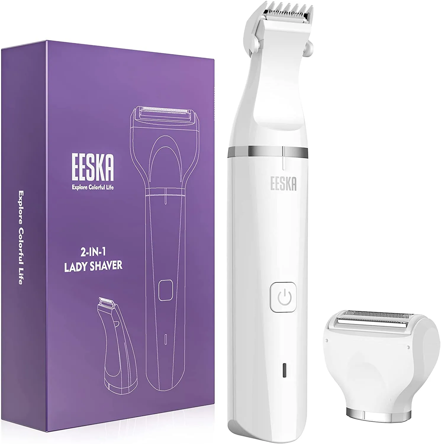 EESKA Bikini Trimmer for Women, 2-in-1 Rechargeable Womens Electric Shaver Pubic Hair Trimmer for Legs Arm and Bikini Hair, Painless Hair Removal Groomer Kit, IPX7 Waterproof Wet and Dry Use, White
