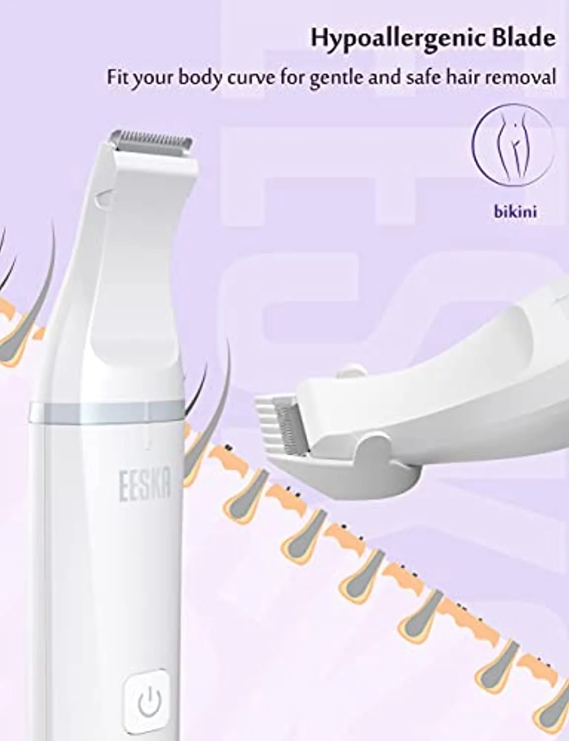EESKA Bikini Trimmer for Women, 2-in-1 Rechargeable Womens Electric Shaver Pubic Hair Trimmer for Legs Arm and Bikini Hair, Painless Hair Removal Groomer Kit, IPX7 Waterproof Wet and Dry Use, White