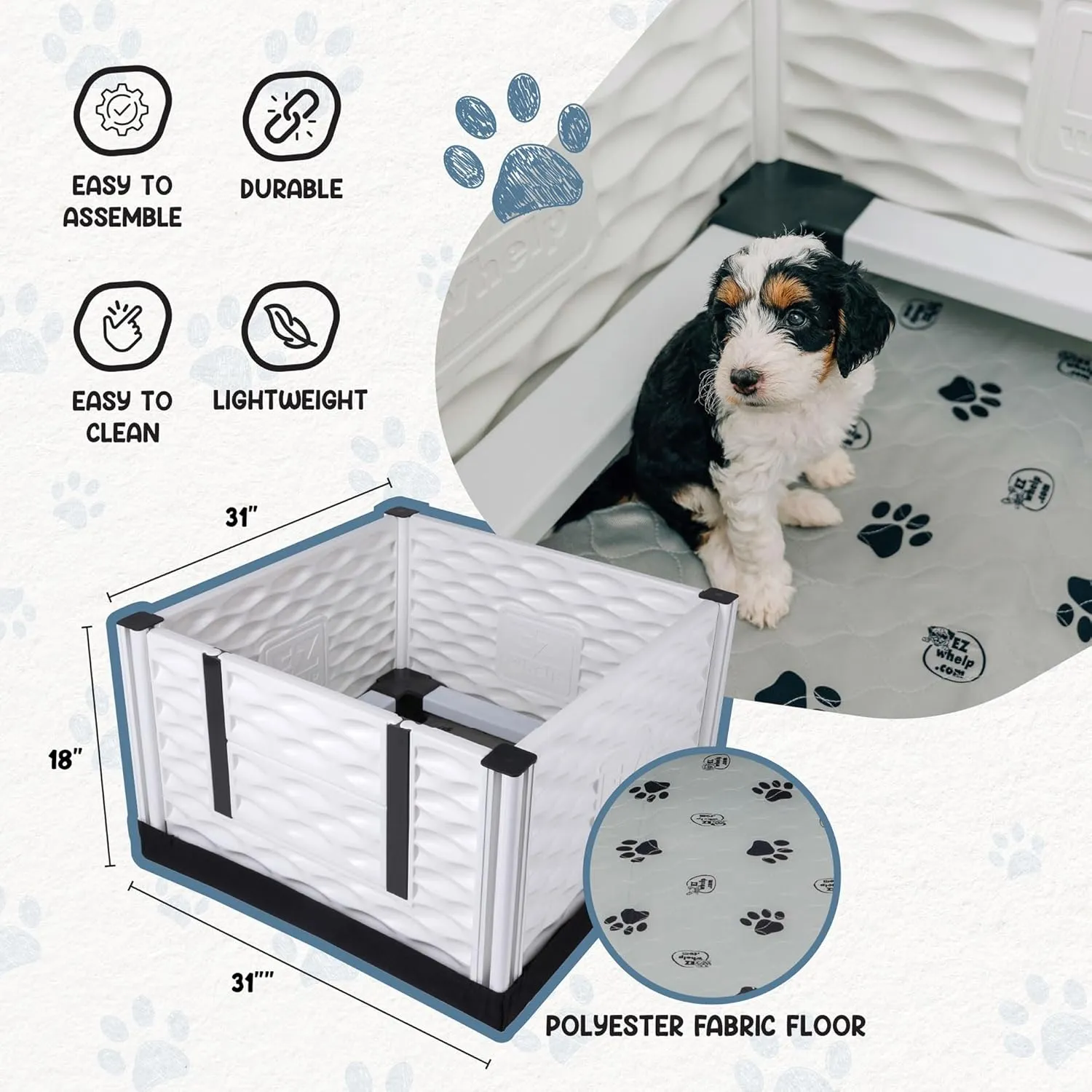 EZwhelp EZclassic 28"x28"x18" Small Padded Dog Whelping Box with Rails, Puppy Whelping Supplies, Black Pad