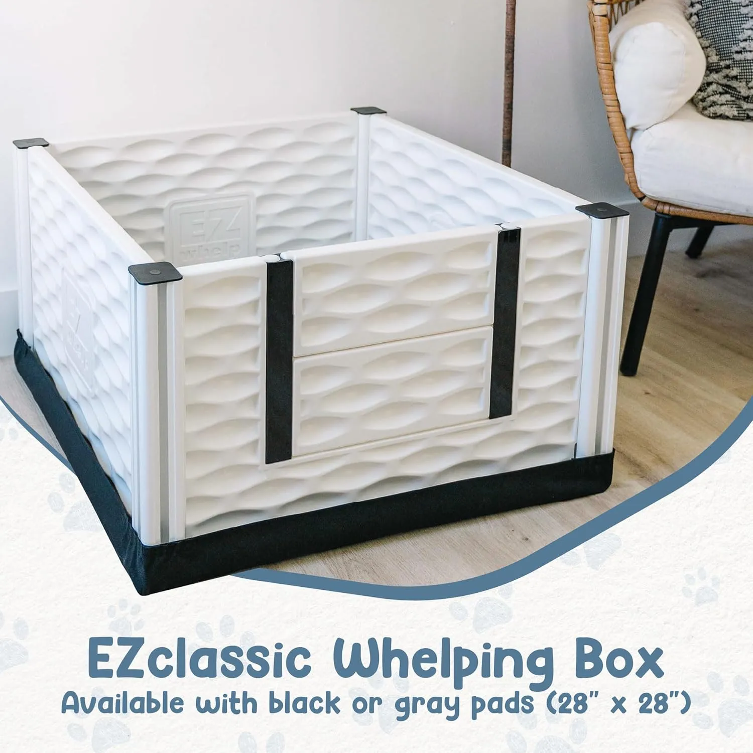 EZwhelp EZclassic 28"x28"x18" Small Padded Dog Whelping Box with Rails, Puppy Whelping Supplies, Black Pad