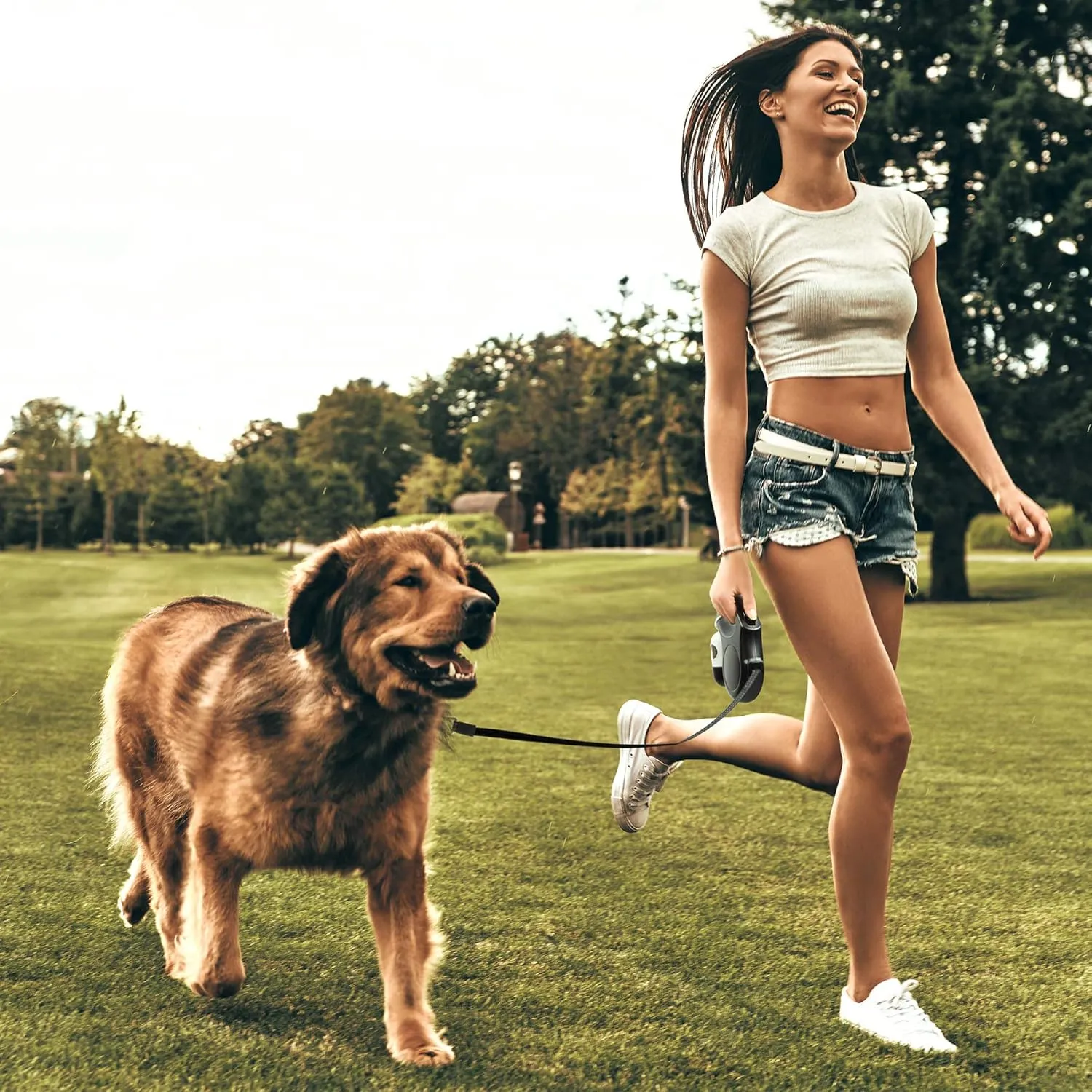 Fida Retractable Dog Leash with Dispenser and Poop Bags, 16 ft Pet Walking Leash for Medium Dog or Cat up to 44 lbs, Anti-Slip Handle, Tangle Free, Reflective Nylon Tape (M, White)