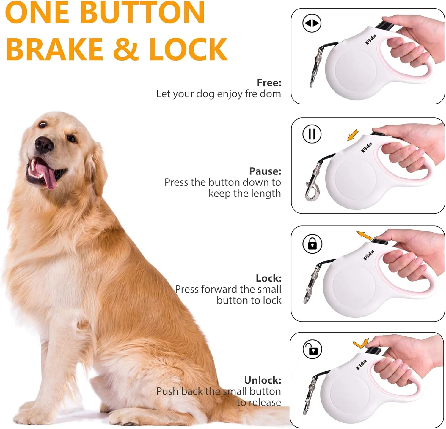 Fida Retractable Dog Leash with Dispenser and Poop Bags, 16 ft Pet Walking Leash for Medium Dog or Cat up to 44 lbs, Anti-Slip Handle, Tangle Free, Reflective Nylon Tape (M, White)