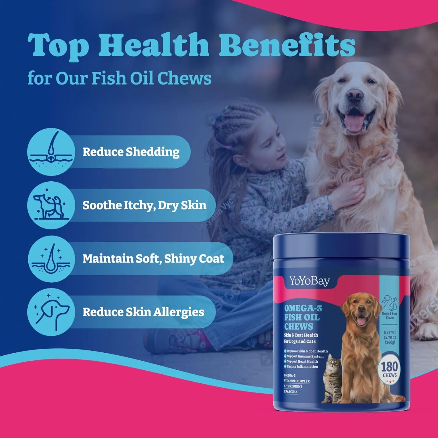 Fish Oil Chews for Dogs & Cats, Omega 3 Fish Oil for Dogs - Rich in Omega 3, 6, and 9 with Flaxseed Oil, EPA & DHA - 180 Soft Chews, Duck & Pear Flavor - Anti-Inflammation, Skin & Coat Health