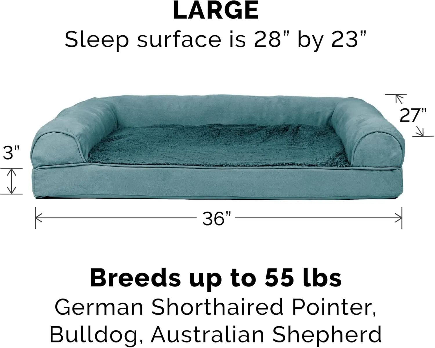 Furhaven Memory Foam Dog Bed for Large/Medium Dogs w/ Removable Bolsters & Washable Cover, For Dogs Up to 55 lbs - Plush & Suede Sofa - Deep Pool, Large