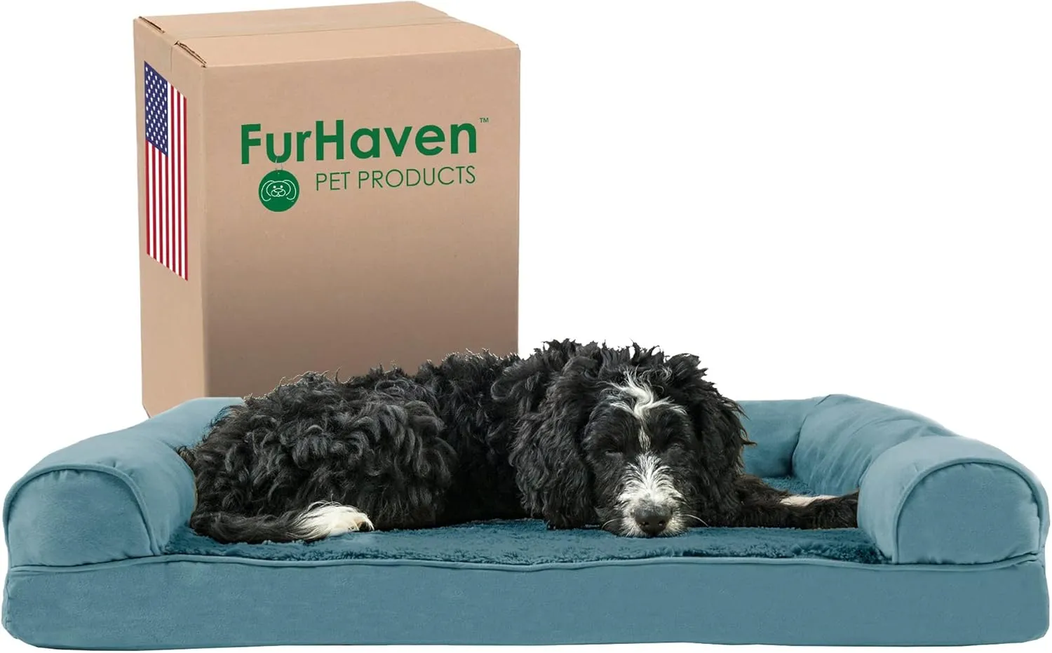 Furhaven Memory Foam Dog Bed for Large/Medium Dogs w/ Removable Bolsters & Washable Cover, For Dogs Up to 55 lbs - Plush & Suede Sofa - Deep Pool, Large