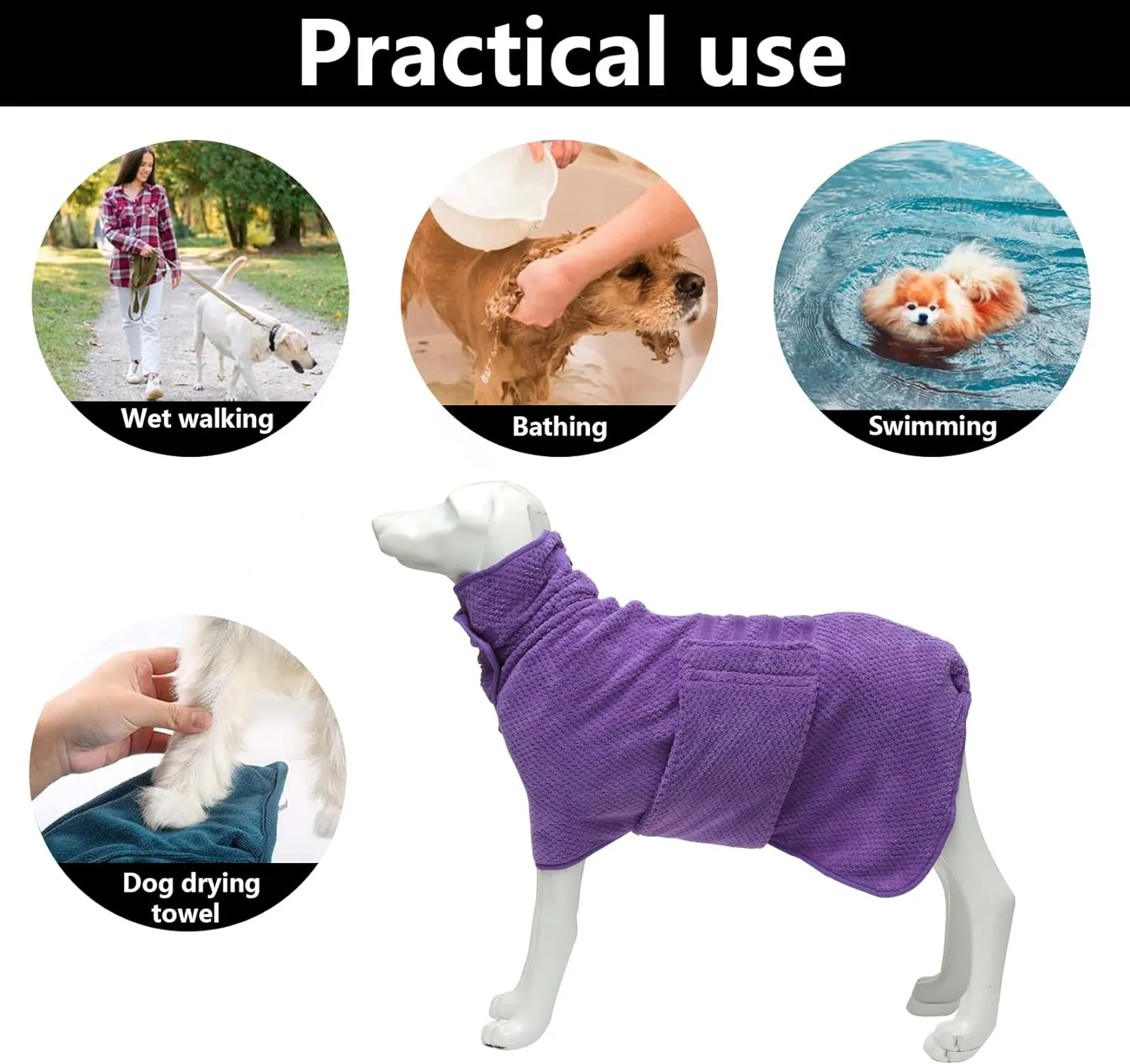 Geyecete Pineapple Grid Fast Drying Super Absorbent Dog Cat Bath Robe Towel - Purple, XL