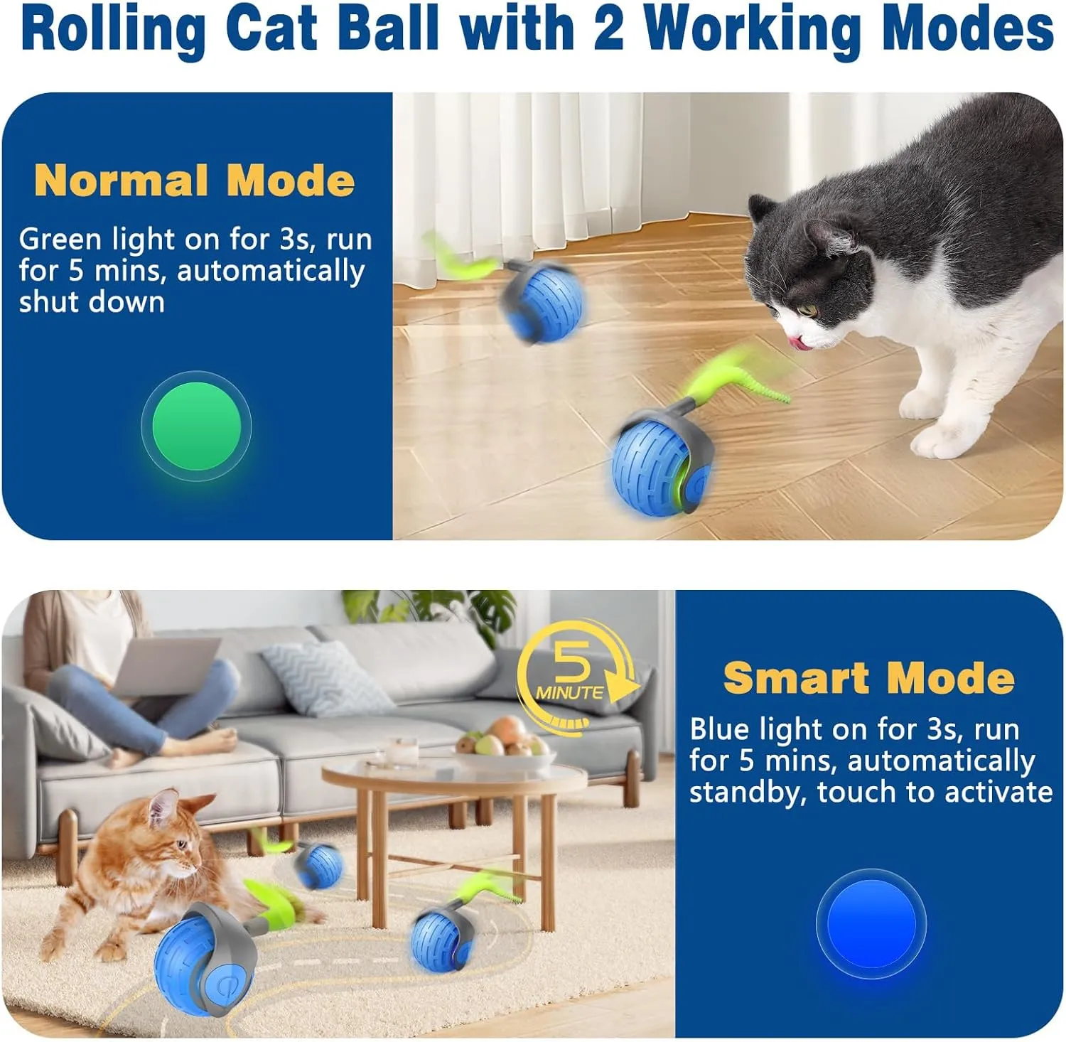 Interactive Cat Toy Balls, 2025 New Automatic Moving Cat Ball with Tail, Motion Activated Smart Self Rolling Cat Ball Toy, Cat Stimulation Toys for Bored Indoor Cats (Blue)