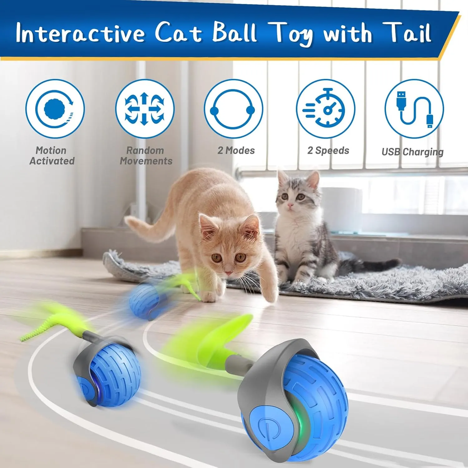 Interactive Cat Toy Balls, 2025 New Automatic Moving Cat Ball with Tail, Motion Activated Smart Self Rolling Cat Ball Toy, Cat Stimulation Toys for Bored Indoor Cats (Blue)