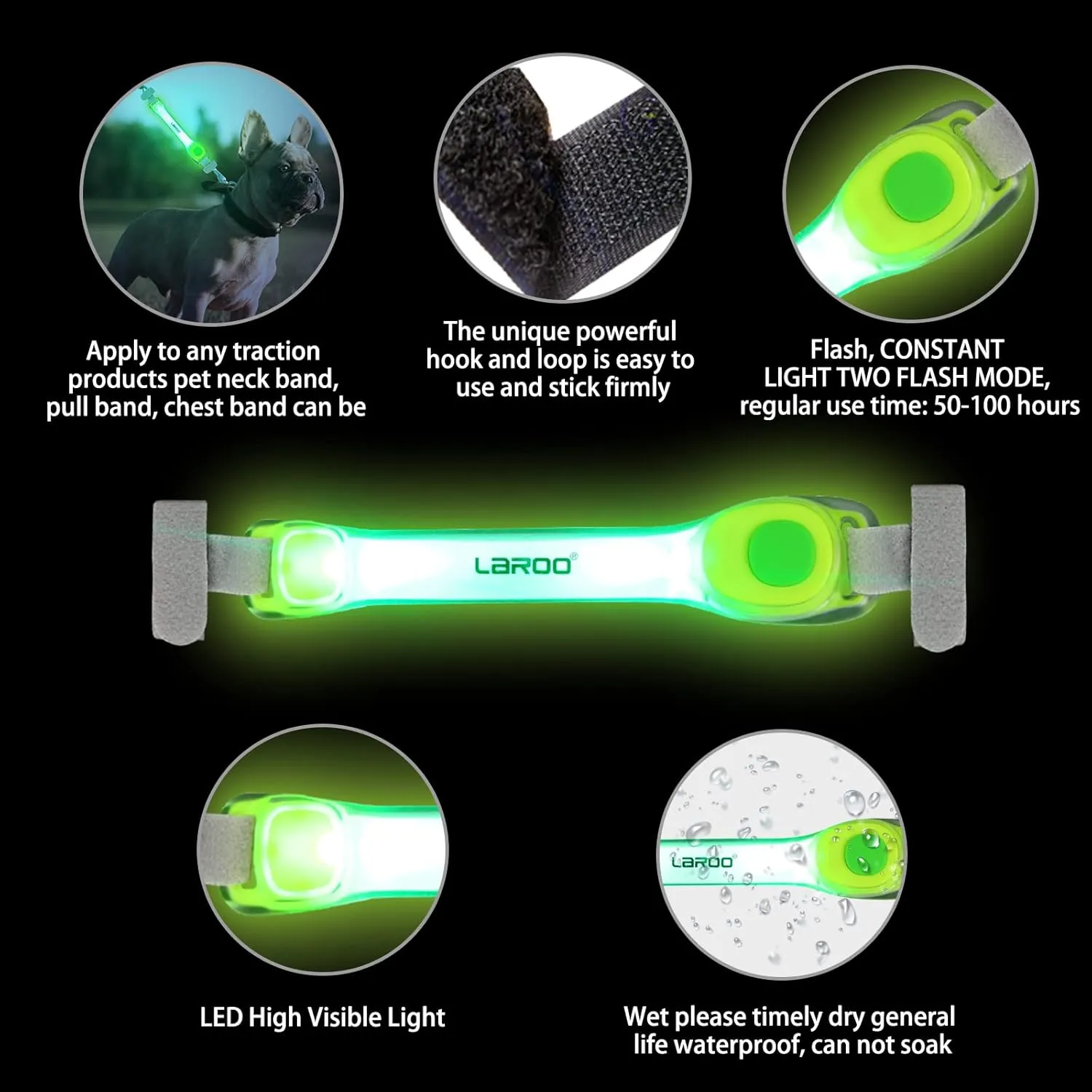 LaRoo Light Up Dog Collar with Nylon Stickers, Universal Glowing Collar Accessories for Leash Harness, Silicone Waterproof Dog LED Flashing Collar Night Outdoor Safety