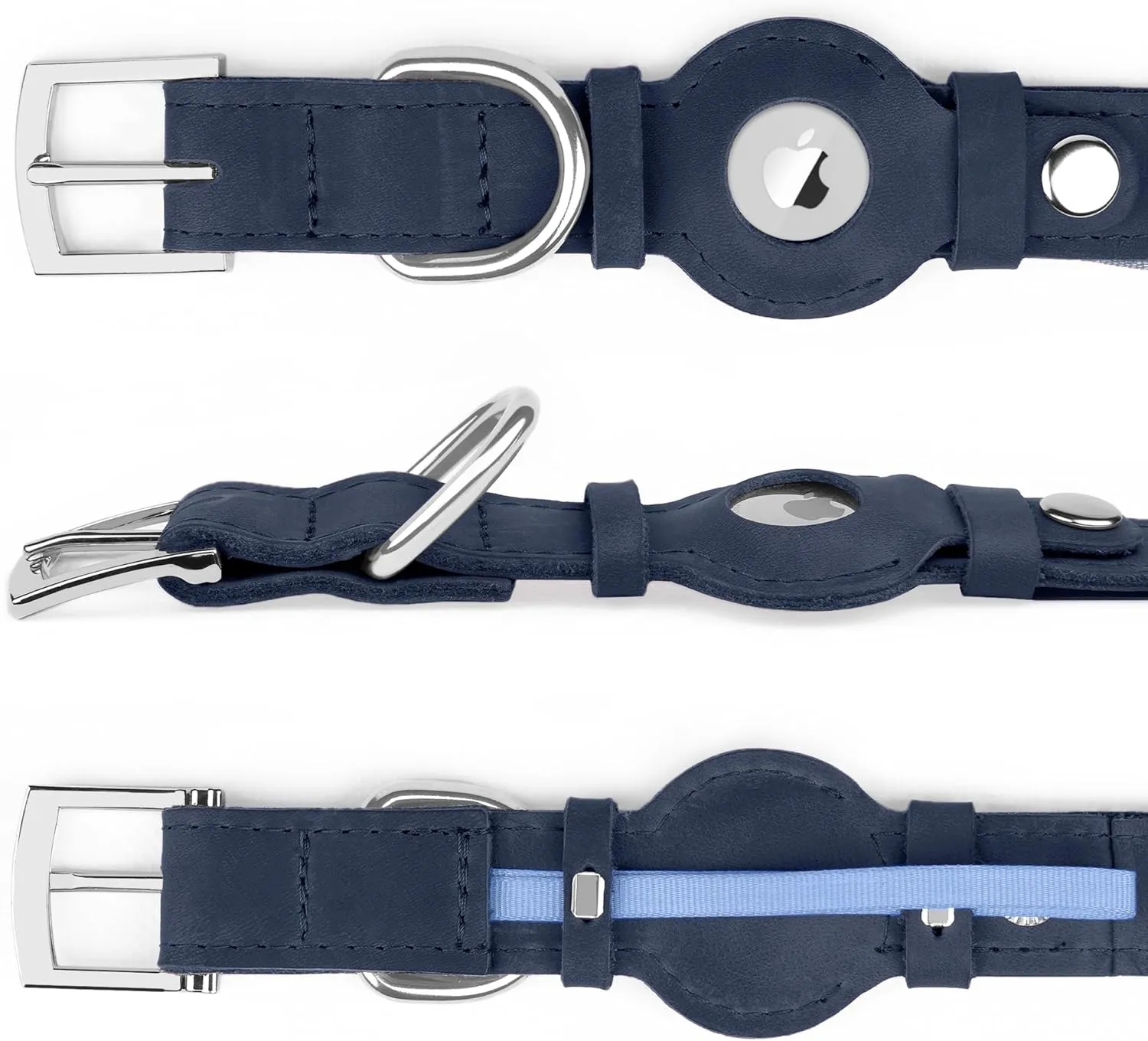 Leather Dog Collar with Airtag Holder - Apple AirTag Dog Collars - Soft Tracking Smart GPS Pet Collar for Small Medium Large Dogs Puppy (Smoky Blue, S, 9"-12" Neck Fit)
