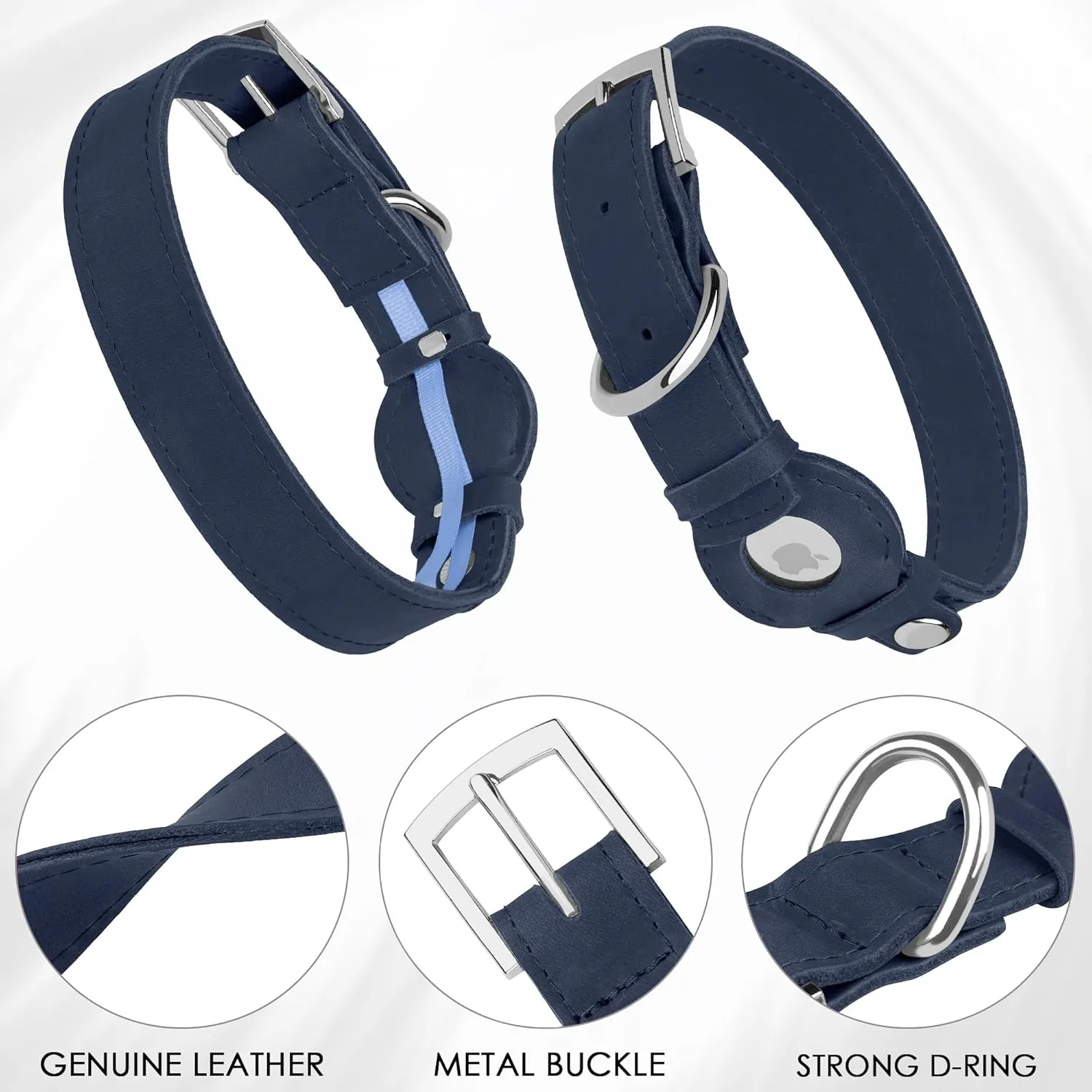 Leather Dog Collar with Airtag Holder - Apple AirTag Dog Collars - Soft Tracking Smart GPS Pet Collar for Small Medium Large Dogs Puppy (Smoky Blue, S, 9"-12" Neck Fit)