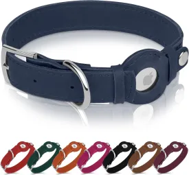 Leather Dog Collar with Airtag Holder - Apple AirTag Dog Collars - Soft Tracking Smart GPS Pet Collar for Small Medium Large Dogs Puppy (Smoky Blue, S, 9"-12" Neck Fit)