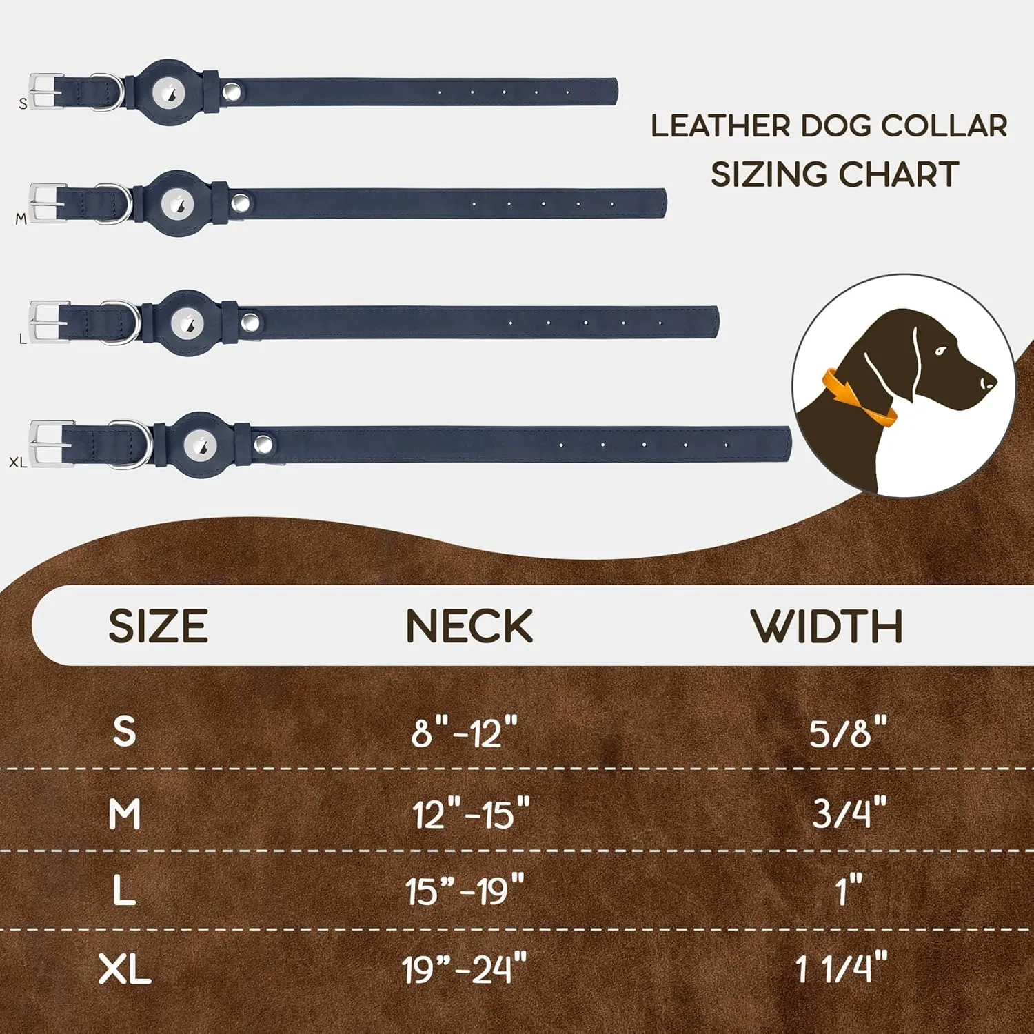 Leather Dog Collar with Airtag Holder - Apple AirTag Dog Collars - Soft Tracking Smart GPS Pet Collar for Small Medium Large Dogs Puppy (Smoky Blue, S, 9"-12" Neck Fit)