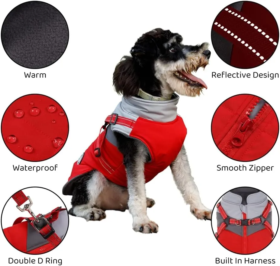 Norbi Dog Winter Coat, Jacket Small Coat with Harness Puppy 2 in 1 Red-A
