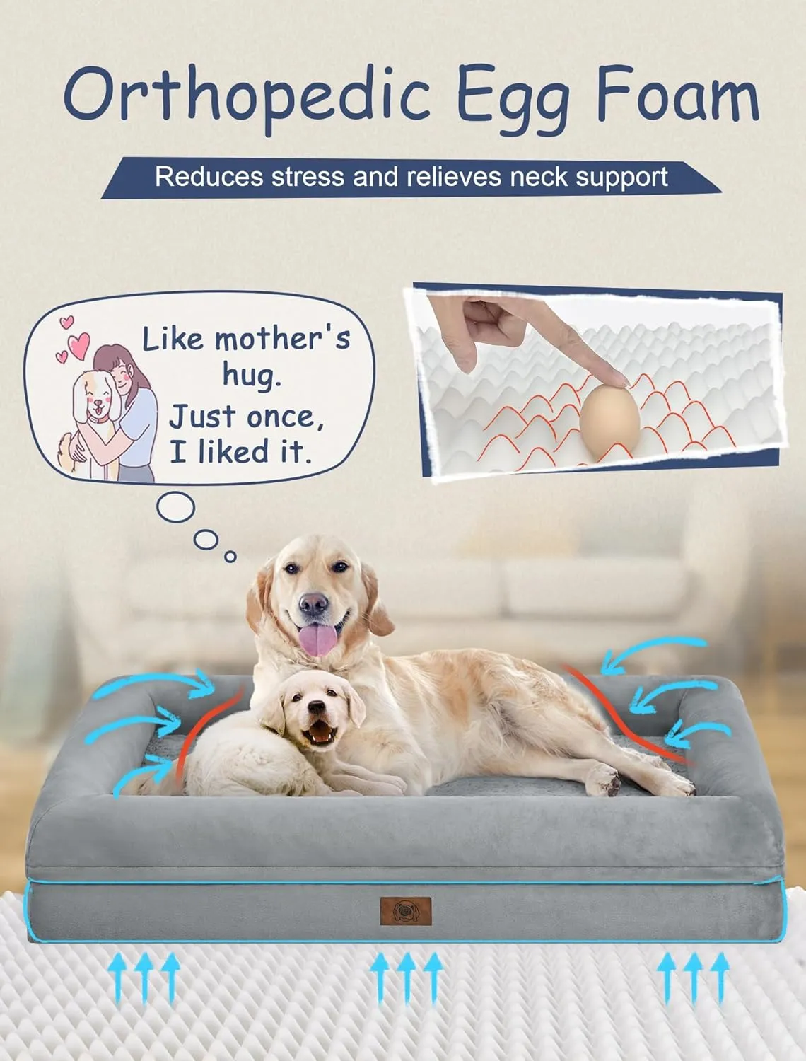 Orthopedic Washable Large Dog Bed: Large Dog Bed Bolster Waterproof - Dog Beds for Medium XLarge Extra Dogs with Removable Cover