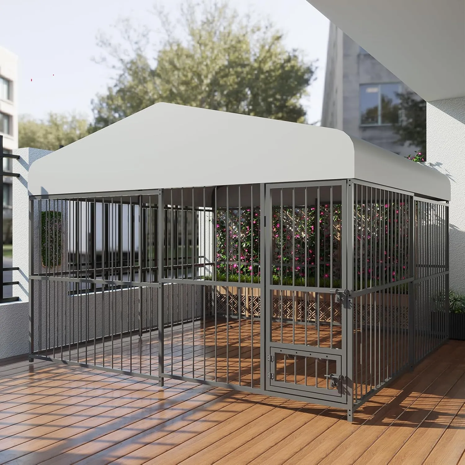 Outdoor Dog Kennel Outside Heavy Duty Dog Enclosure House Mesh Big Pet Pens Dogs Cage with Waterproof Cover Roof for Large Dog Kennels Pens