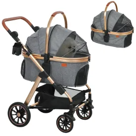 PawHut 3 in 1 Dog Stroller with Detachable Cabin, 4 Wheel Folding Lightweight Pet Stroller with Adjustable Canopy, Rubber Wheels, Storage Basket, Cupholder, for Small Dogs and Cats, Gray