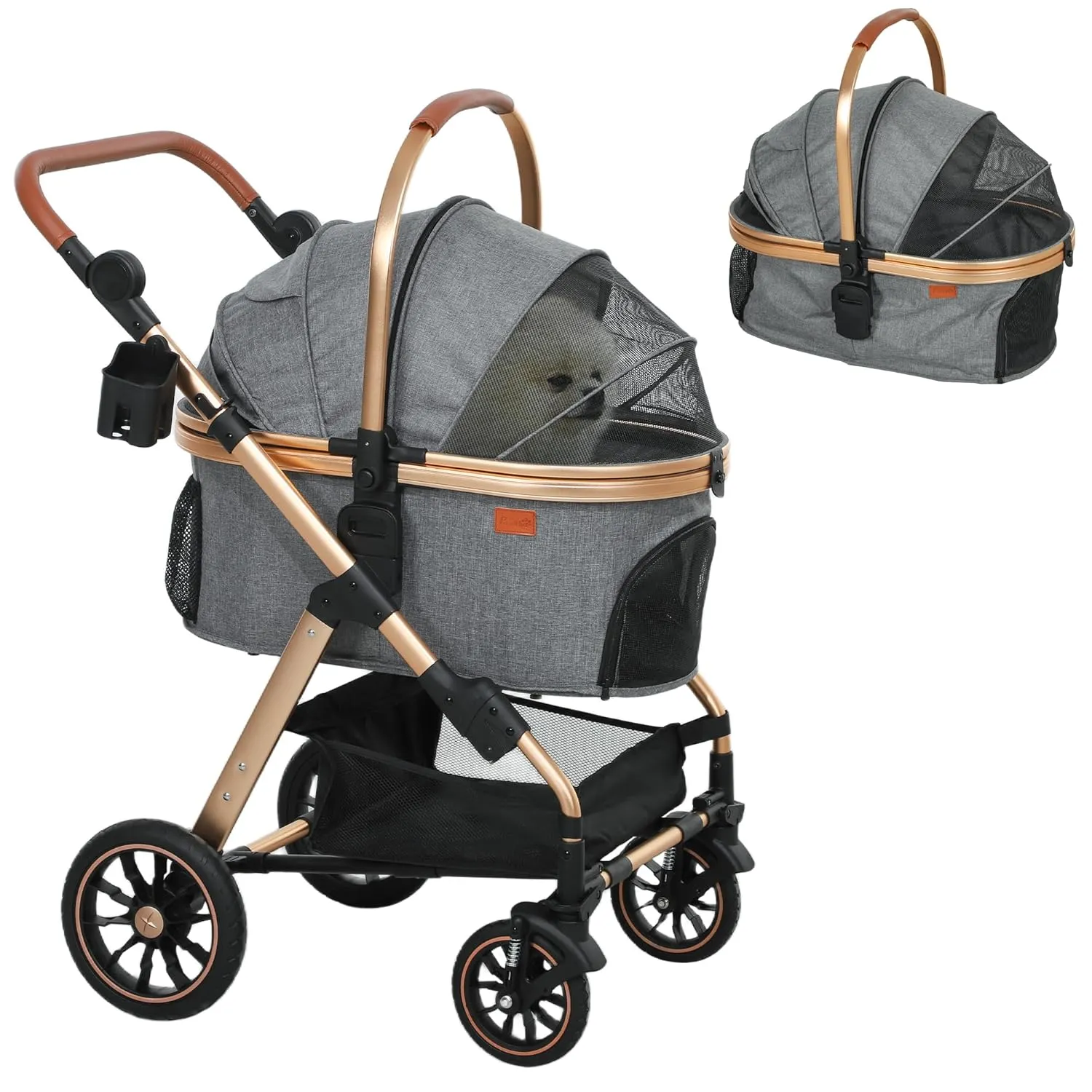 PawHut 3 in 1 Dog Stroller with Detachable Cabin, 4 Wheel Folding Lightweight Pet Stroller with Adjustable Canopy, Rubber Wheels, Storage Basket, Cupholder, for Small Dogs and Cats, Gray