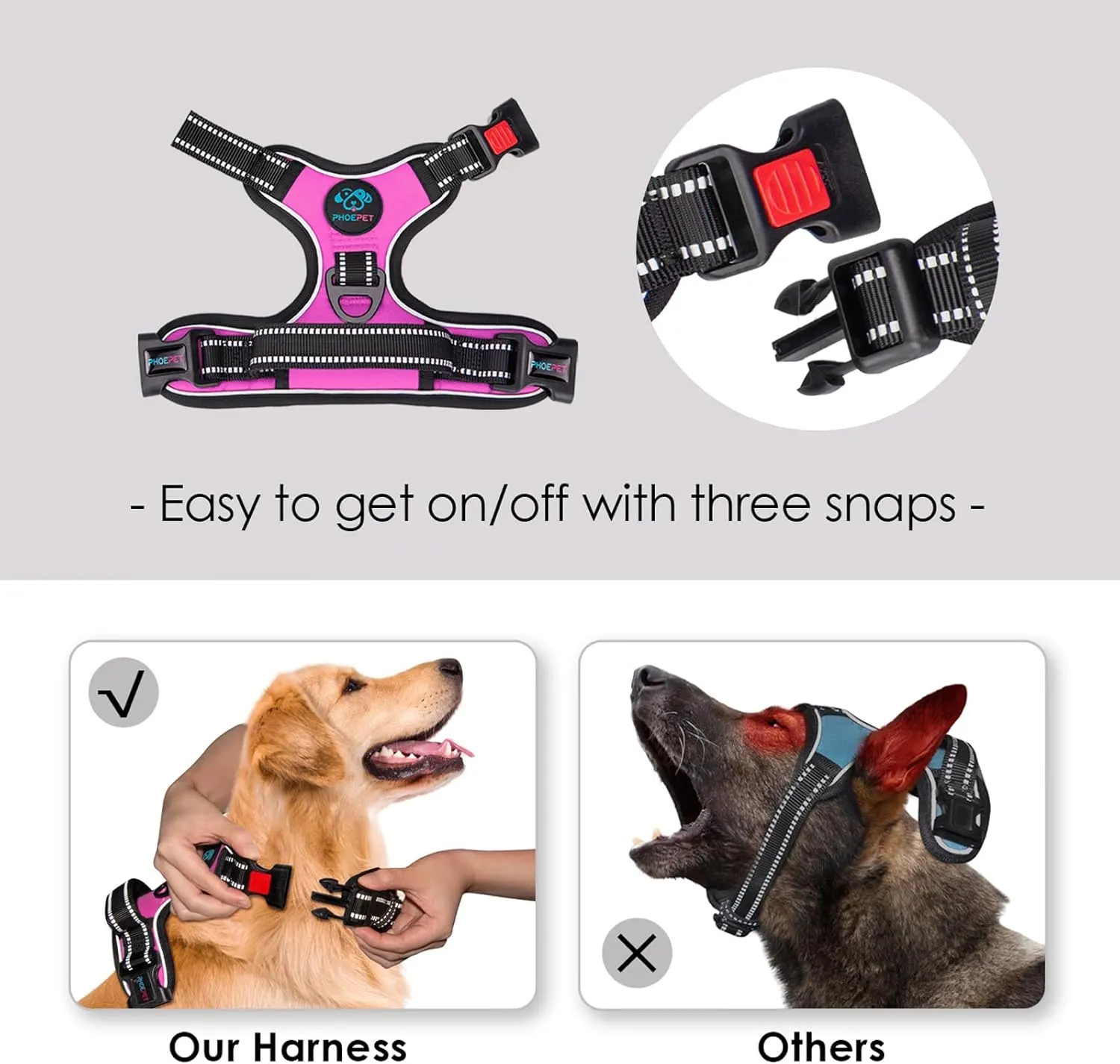 PHOEPET Reflective Dog Harness Large Breed Adjustable No Pull Vest with Handle 2 Metal Rings 3 Buckles [Easy to Put on & Take Off](L, Pink)