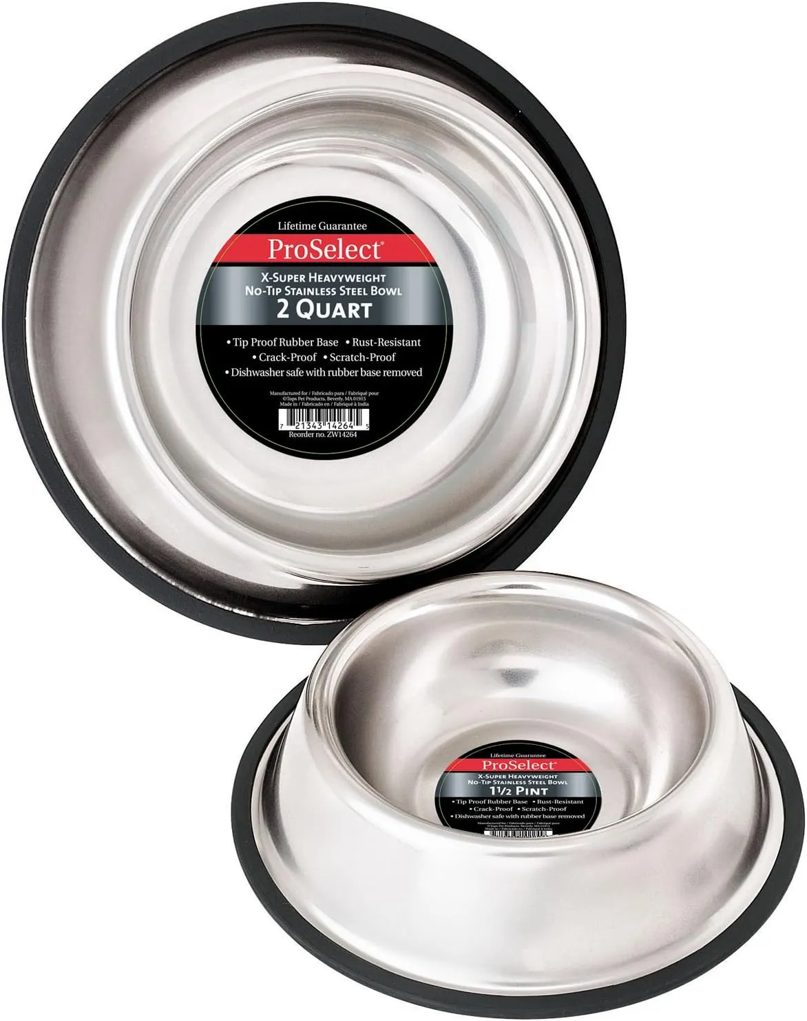Proselect Stainless Steel X-Super Heavyweight Non-Tip Pet Bowl, 9-Inch, 3-Quart