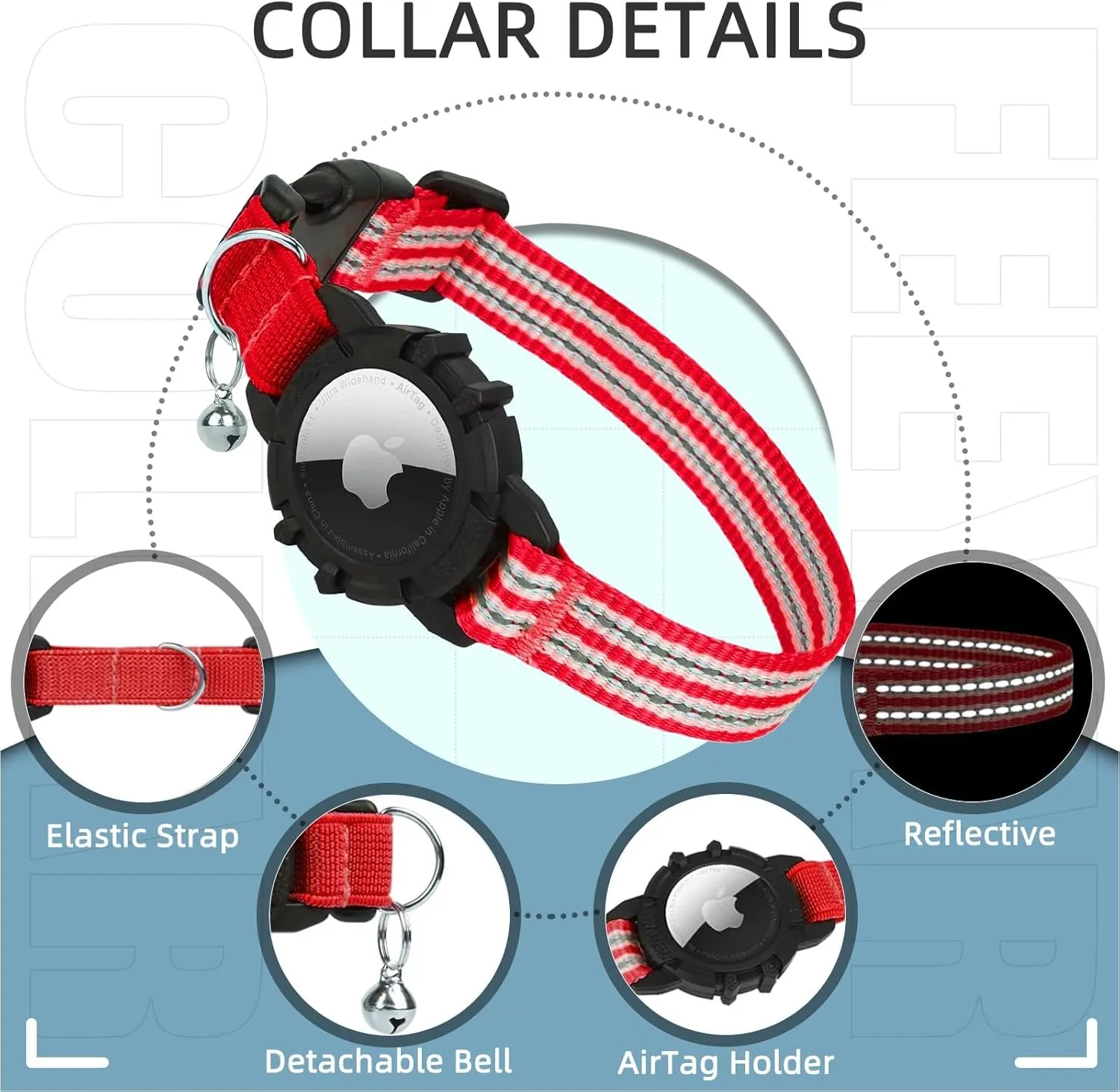 Reflective AirTag Cat Collar, Integrated Kitten Collar with Apple Air Tag Holder, Lightweight Cat Tracker Collars with Bell, Fits for Girl Boy Cats, Kittens and Puppies (Red, XS)