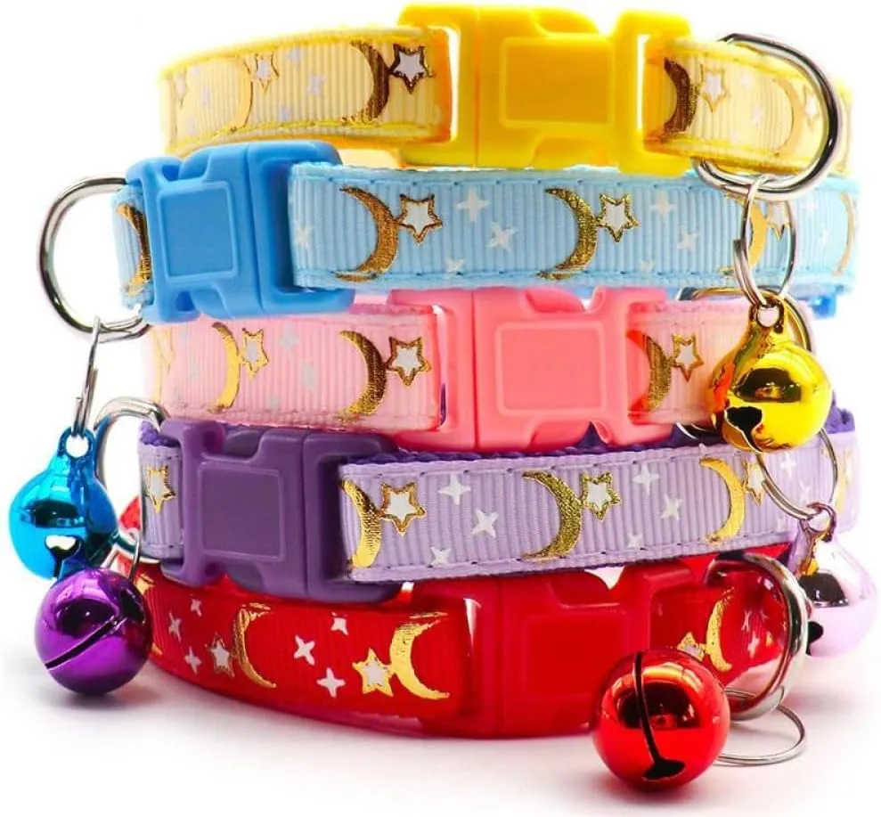Reflective Cat Collars Breakaway with Bell Moons Stars 2 Pack Girl Boy Pet Kitten Collar Adjustable 7.5-12.5 Inch (Blue)